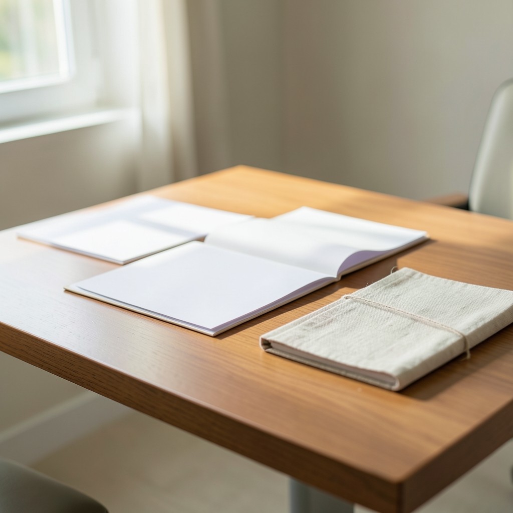 Mesa de trabajo con documentos laborales y cuaderno en un despacho luminoso de Valencia